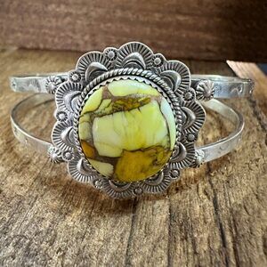 Handmade Sterling Silver Honey‎ Dahlia Cuff Bracelet, Signed , Natural Stone